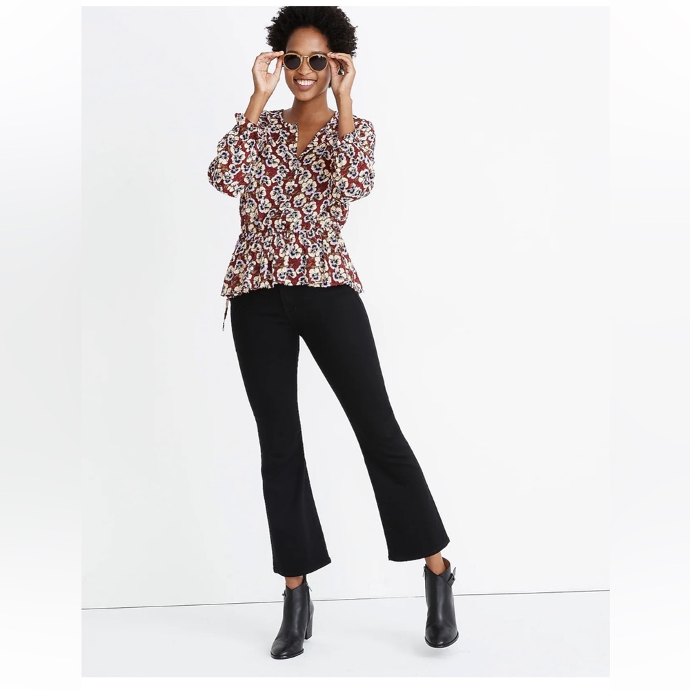 Madewell Drawstring Ruffle-Hem Top in Viola Floral EUC XS Pansy Dusty Burgundy - Picture 2 of 12